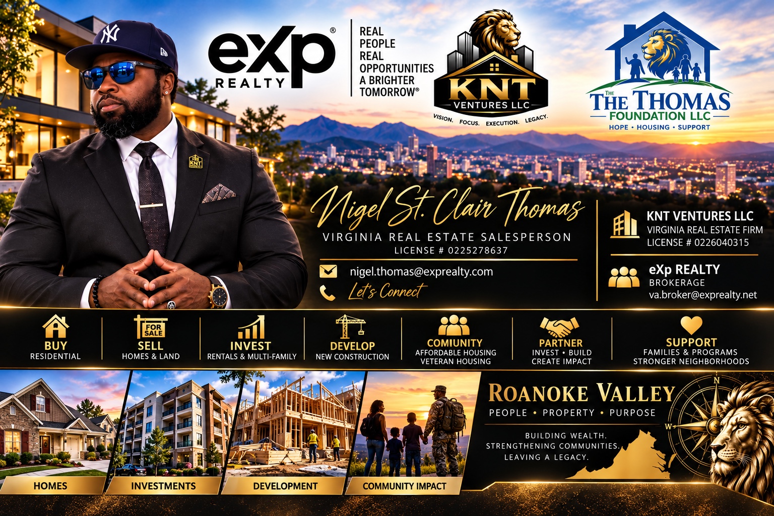 Nigel St. Clair Thomas with eXp Realty, KNT Ventures LLC and The Thomas Foundation LLC branding, serving the Roanoke Valley